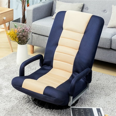 SKONYON 360-Degree Swivel Gaming Floor Chair w/ Armrest Handles, Foldable Adjustable Backrest - Blue+Beige