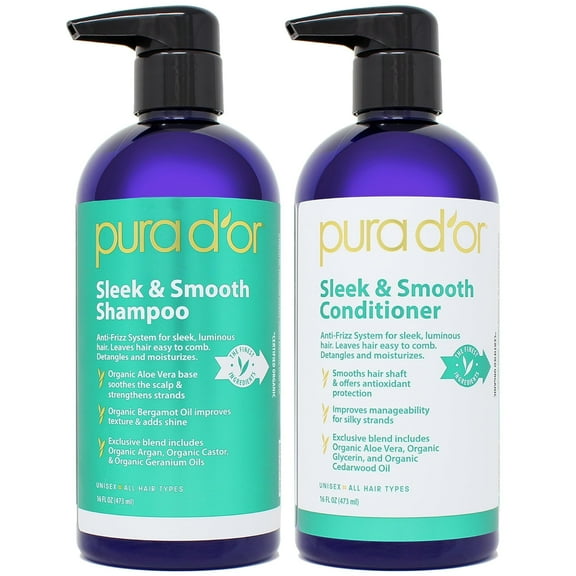 PURA D'OR Sleek & Smooth Shampoo and Conditioner Set (16 Fl Oz x 2)