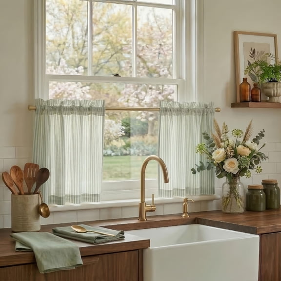 NICETOWN Linen Kitchen Curtains, Striped Print Farmhouse Window Drapes, Rod Pocket Semi Sheer Light Filtering Curtains for Cafe Bedroom Bathroom, Sage Green, 30"x24", 2 Panels