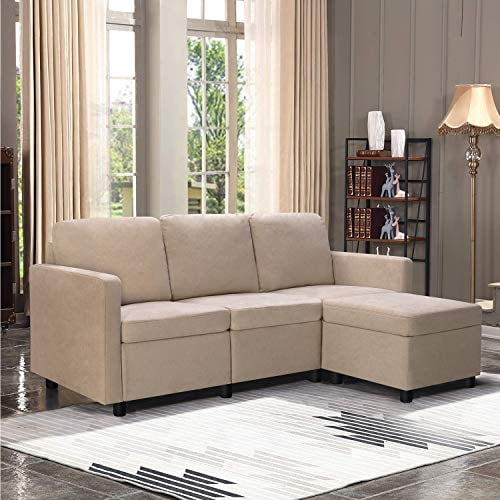 Living Room Sofa with Comfortable Backrest Pawnova Convertible Sectional Brown L-Shaped Couch Soft Seat and Modern Linen Fabric for Small Space 