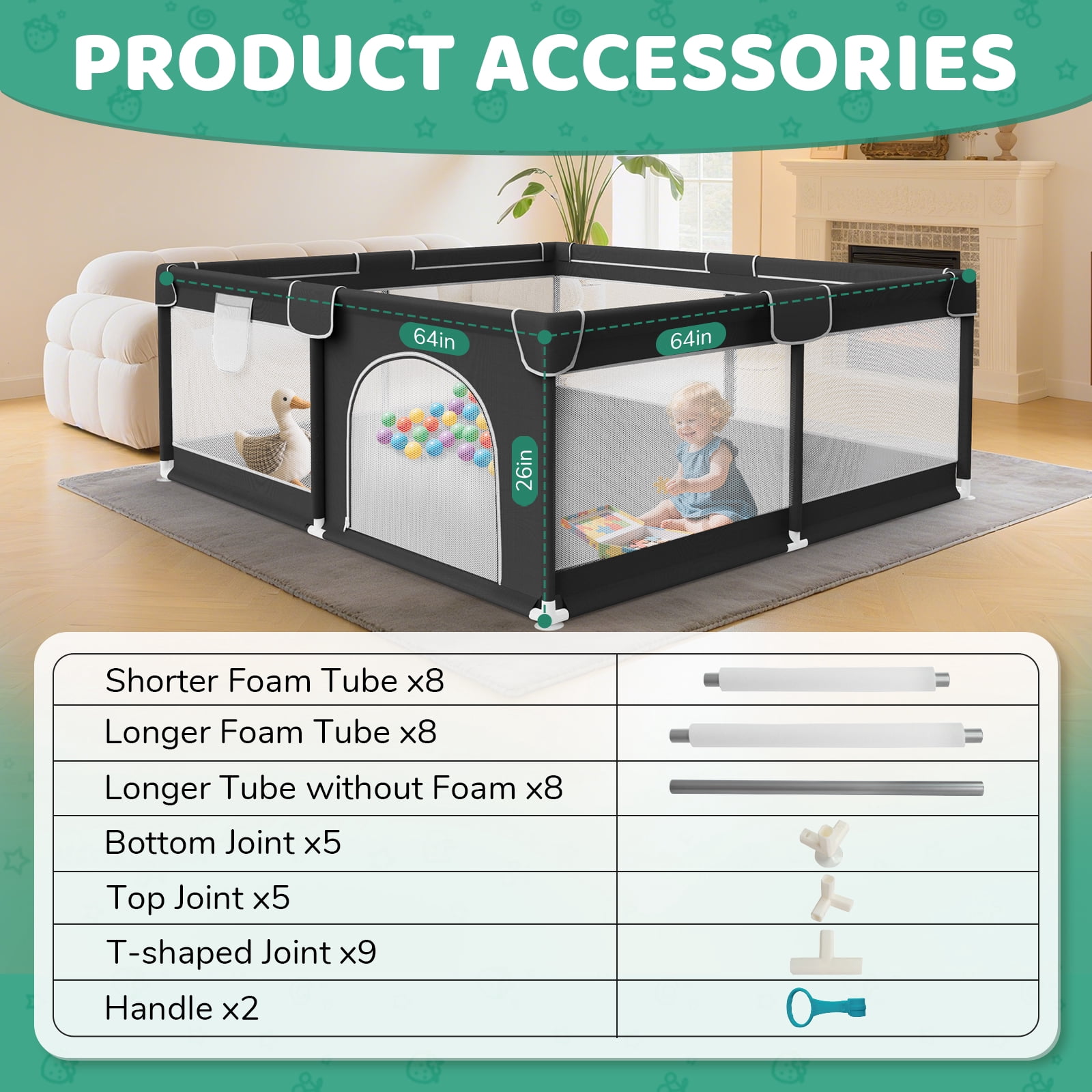 Baby Playpen for Babies and Toddlers, 64"x 64" Large & Sturdy Playard with 2 Handles, Safe Activity Center with Non-Slip Suckers, Black