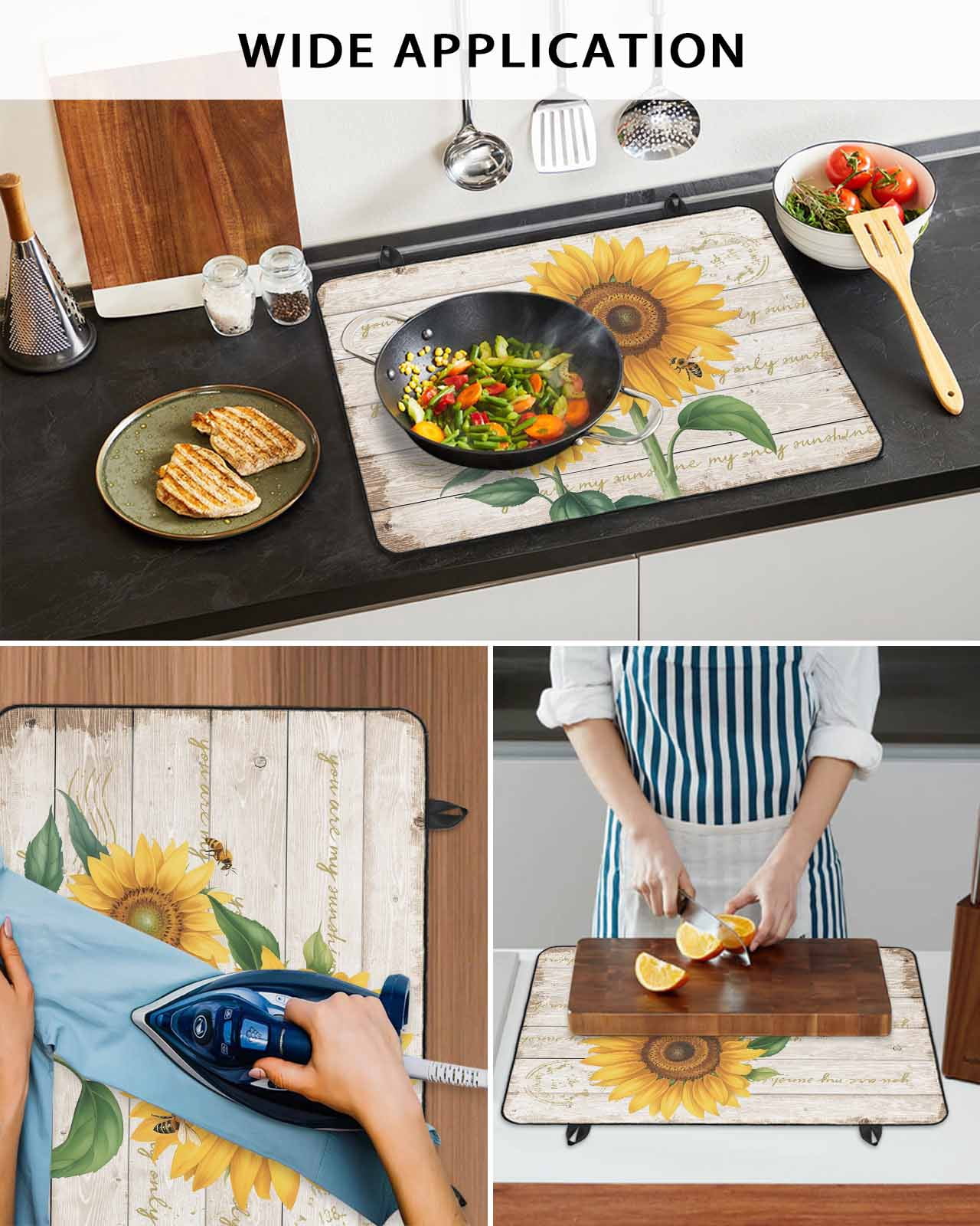 Large Induction Cooktop Protector Mat Sunflower Stove Top Covers for Electric Stove, Yellow Summer Flowers Bee Botanical Wooden Decorative Stove Burner Cover Mats, Glass Top Stove Cover