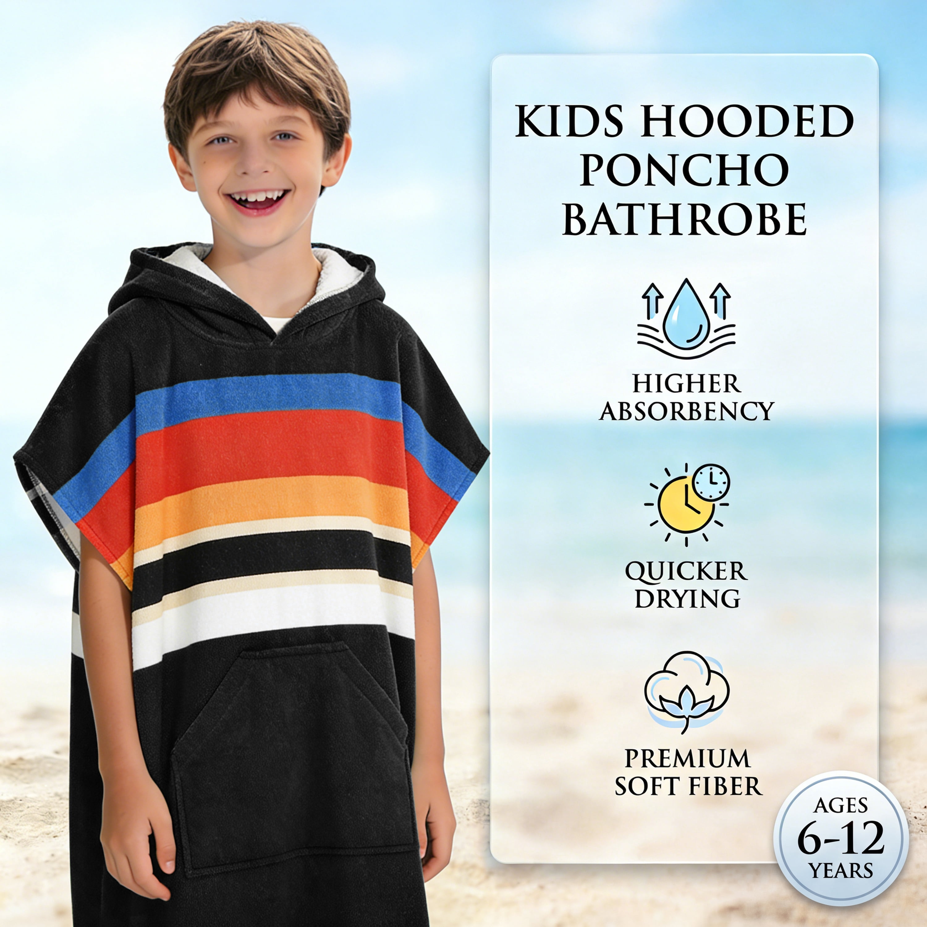 Catalonia Kids Hooded Poncho Towel, 100% Cotton Absorbent Changing Robe for the Beach, Pool, and Bath, Cute Gifts for Childrens (Boys and Girls), Black Stripe