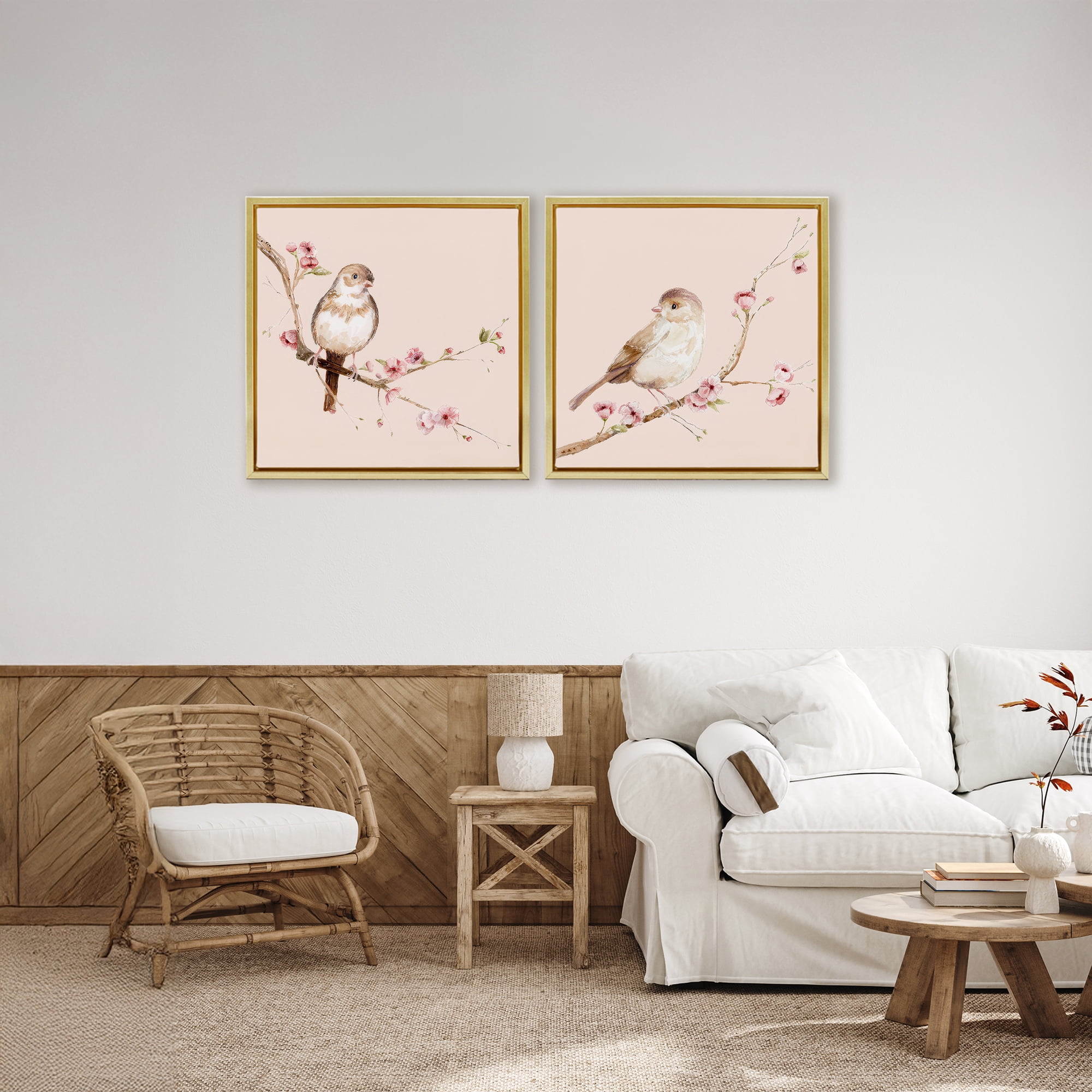 Sweetest Brown Birds Branch 2 Piece Gold Framed Floater Canvas Set, design by Lisa Wehmeyer