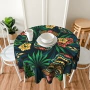 TEQUAN 60" Round Tablecloth, Hawaiian Tropical Tiki Mask Pattern Washable Polyester Table Cloth, Waterproof Wrinkle Resistant Decorative Table Cover