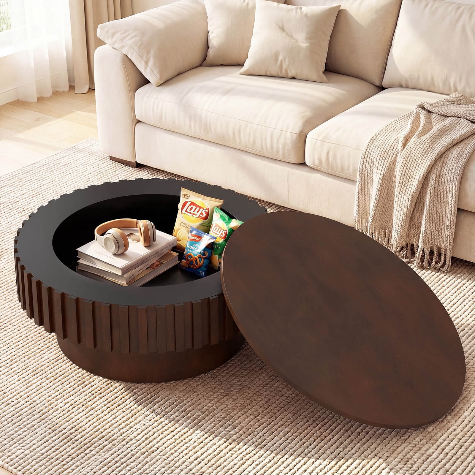 Costway Round Coffee Table with Storage, Wooden Drum Coffee Table with Hidden Compartment Walnut