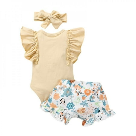 

Clearance Baby Girl Suit Letter Printing Coated Blossom Shorts Hair Band Three Sets Orange 70 80 90 100 Yards