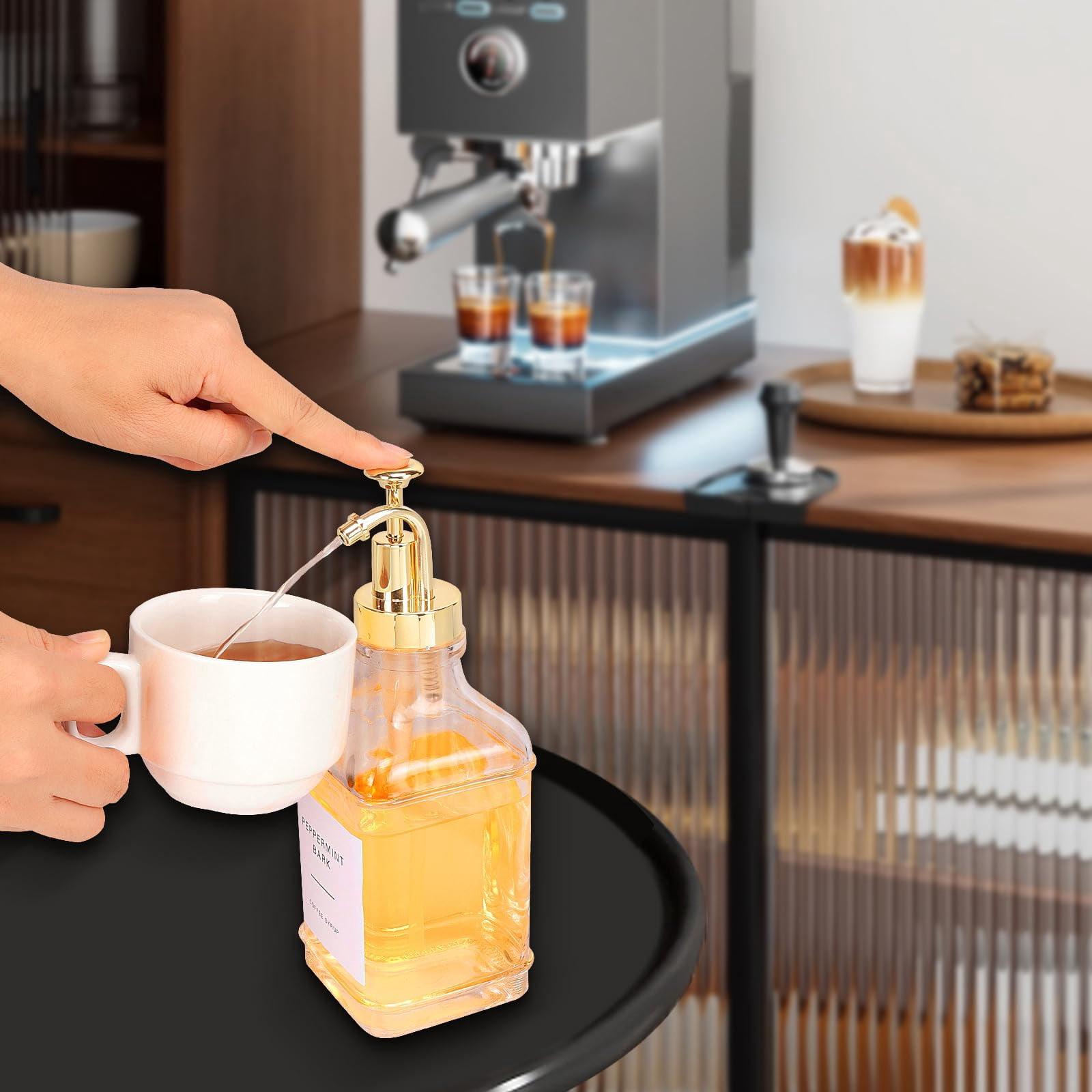 Coffee Syrup Dispenser For Bar  Clear Glass Bottles With Pump Refillable Maple Storage Station Accessories And Organizer 500ml Set Of 2 + Tray (gold)