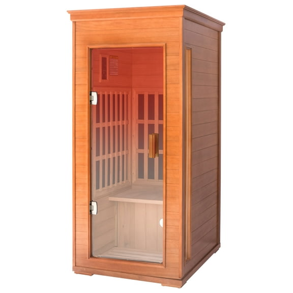 Far Infrared Home Dry Sauna 1 Person, 1000W Okume Wood with 4 Heating Panels, Bluetooth Speaker, LED Lights, Room: 37.8 x 30.3 x 65.4 inches