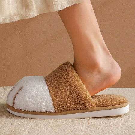 

FITORON Womens Slippers- New Style Cotton Slippers Autumn and Winter Home Cartoon Plush Couple Warm Soft-Soled Slippers Khaki 38-39