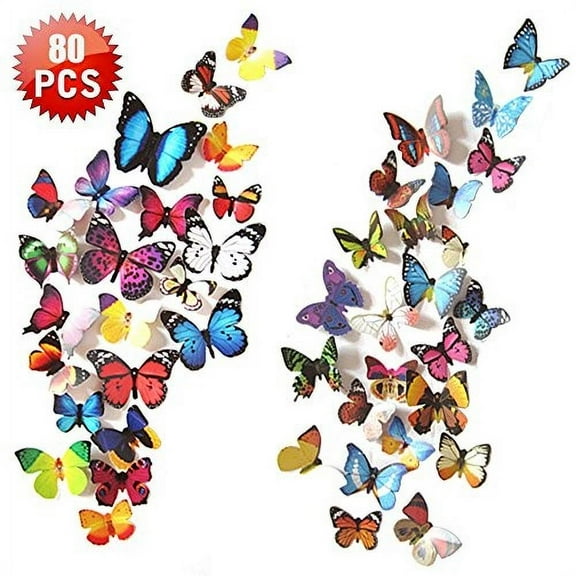 Heansun 80 PCS Butterfly Wall Decals, 3D Butterflies Removable Mural Stickers Wall Stickers Art Decal for Home Decorations Kids Room Bedroom Nursery Decor