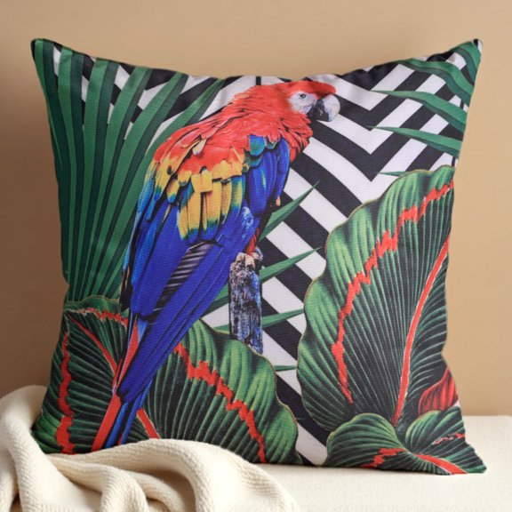 Throw Pillow Cover - 1 Piece Decorative Parrot Printed with Leaves Design Cushion Case for Home Decor Sofa Couch Chair Bed Patio Living Room Bedroom Car Office - 18x18 Inches