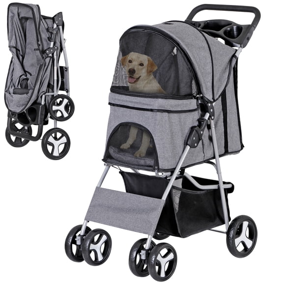 SuperDeal Folding Pet Stroller for Small Dog Cat, 4 Wheels Breathable Pet Carrier W/Cup Holder & Basket, Gray