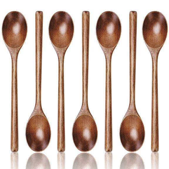 HSM 7 PCS Wooden Spoons for Cooking, 9.3 Inch Wooden Spoons for Eating Mixing Stirring Tasting Baking, Long Handle Spoons FOR Serving, Cooking Utensils Set for Sauce Soup Honey Tea Soda Dessert