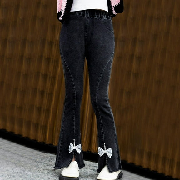 ATOGUTA Bell Bottom Jeans for Girls Size 4T-13 Kids High Waisted Straight Leg Demin Pants Stretch Long Pants with Pockets Black