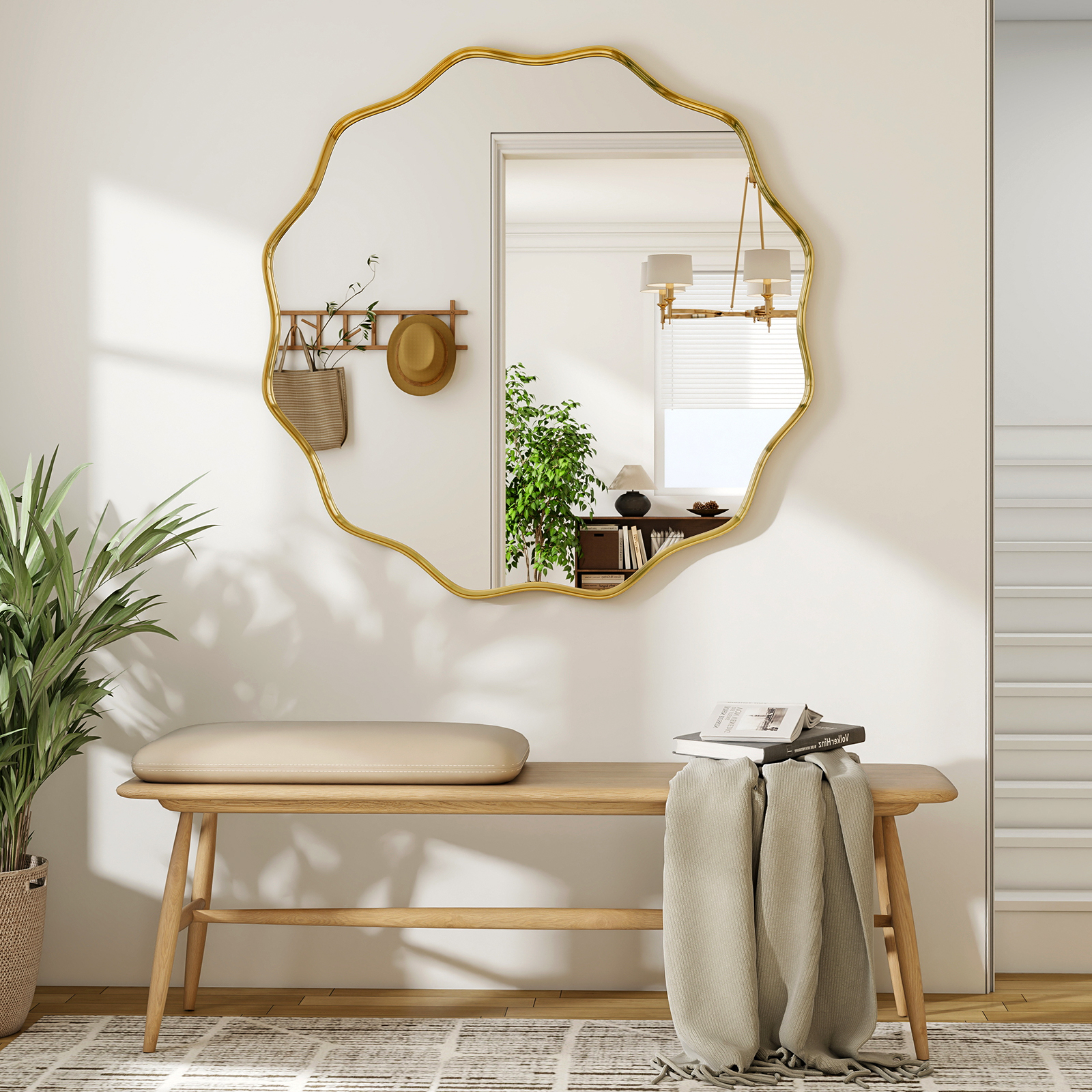 GRAHMCY 36" Wavy Round Bathroom Mirror Decorative Wall Mirror With Deep Frame, Gold