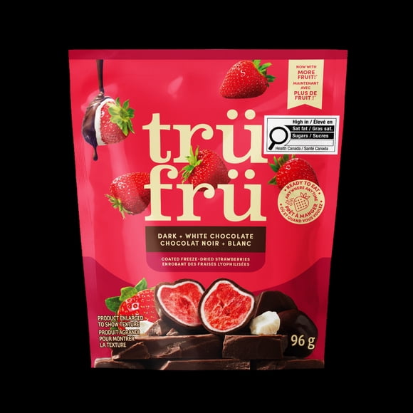 Fraises lyophilisées enrobées de chocolat noir et de chocolat blanc Trü Frü