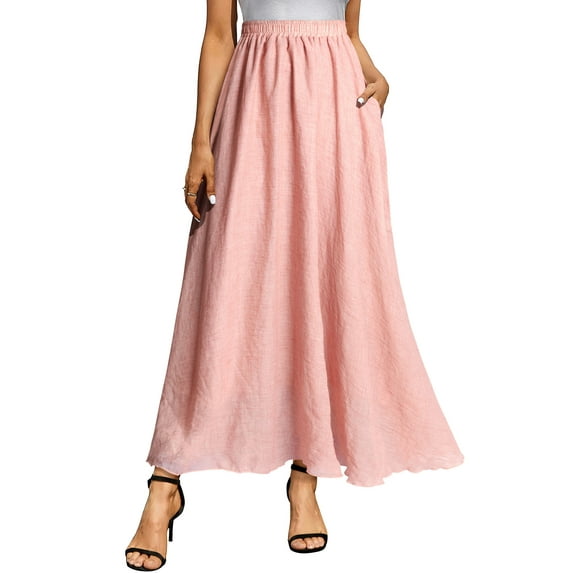 Xuanfei Women Bohemian Elastic Waistband Pocket Solid Color Pleated Maxi Skirt