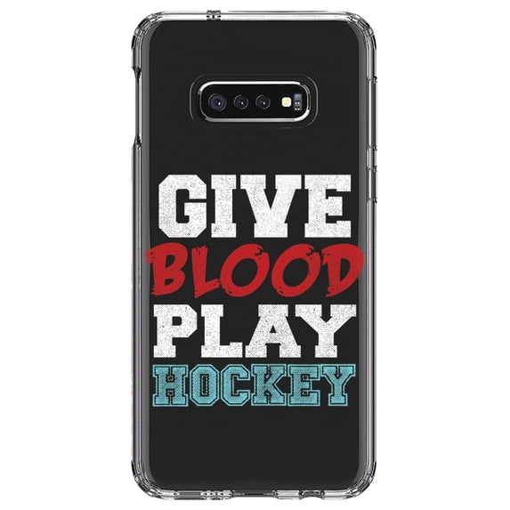 DistinctInk Clear Shockproof Hybrid Case for Samsung Galaxy S10e (5.8" Screen) - TPU Bumper Acrylic Back Tempered Glass Screen Protector - Give Blood Play Hockey