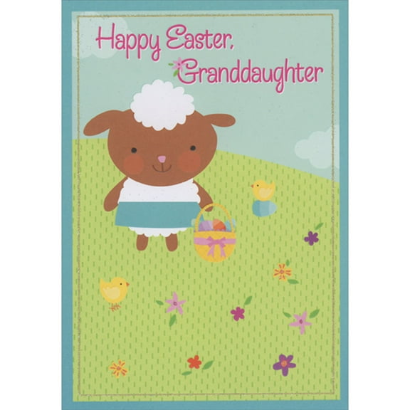 Designer Greetings Cute Animal in White and Blue Dress Holding Basket on Hillside Juvenile Easter Card for Granddaughter