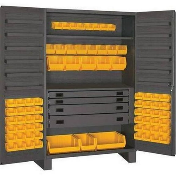 Durham JCBDLP724RDR-5295 14 Gauge Flush Style 12 Door Shelves Lockable Cabinet with 72 Blue Hook on Bins & Adjustable Shelf & 4 Drawers, Gray - 48 in.