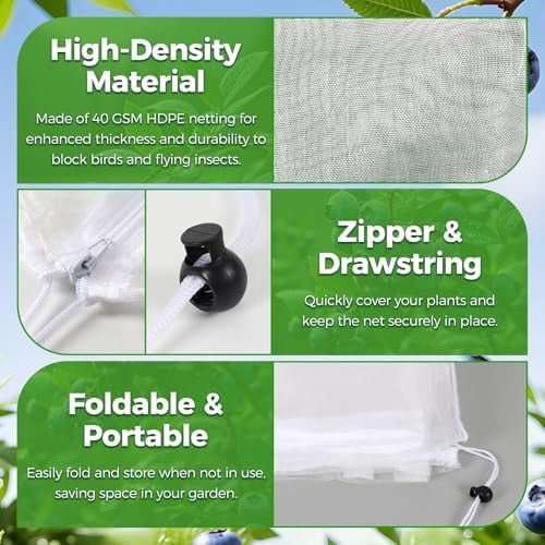 Blueberry Bush Netting Cover 2 Pack 8 x 8 ft, Garden Bird Netting with Zipper & Drawstring, Reusable Berry Bush Netting for Highbush Blueberries & Fruit Tree, Bird Deer Insect and Poultry Barrier