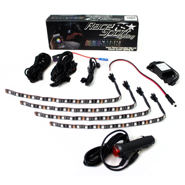 Race Sport Corde Lumineuse RSIKCS ColorSmart; Bande LED; Longueur 10 Pouces; Multicolore; Résistant à l'Eau; Ensemble de 4; avec Contrôleur Bluetooth/extensions de Fil/3m Support Adhésif