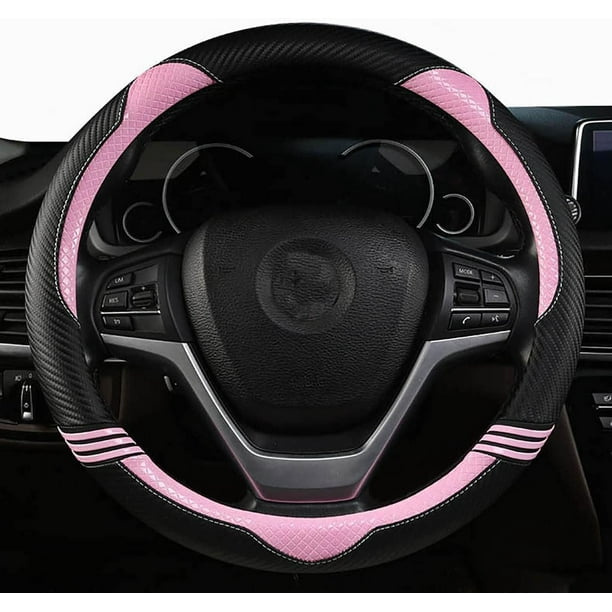 Nouveau mignon chat oreilles direction automatique (noir rose, rond)  couvre-volant en cuir pour femmes couvre-volant universel 38 cm
