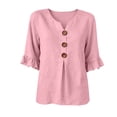 thumbnail image 5 of Cilsoka 3/4 Length Ruffle Sleeve Womens Tops Cotton Linen V Neck Button T Shirts Summer Beach Casual Boho Three Quarter Sleeve Tops, 5 of 6