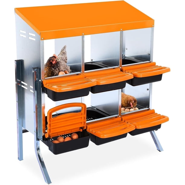 Orange 6 - hole chicken nesting boxes con legs y roll - away design, lid cover - durable poultry laying box para hens
