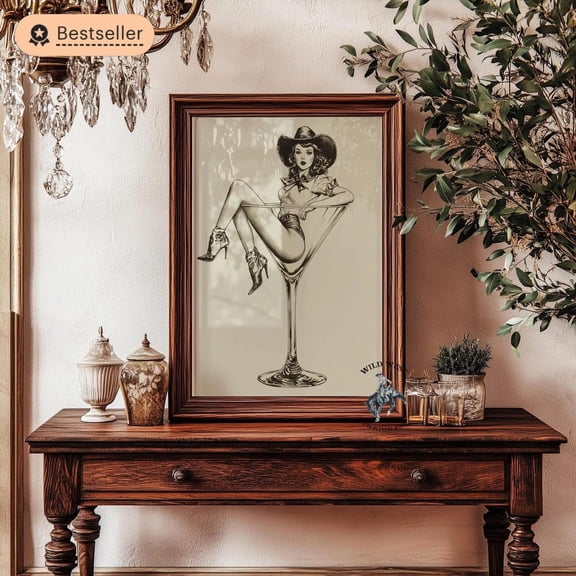 Retro Cowgirl Martini Art Print, Western Home Bar Decor Home Decor #2943, Unframed Poster Size 8x12