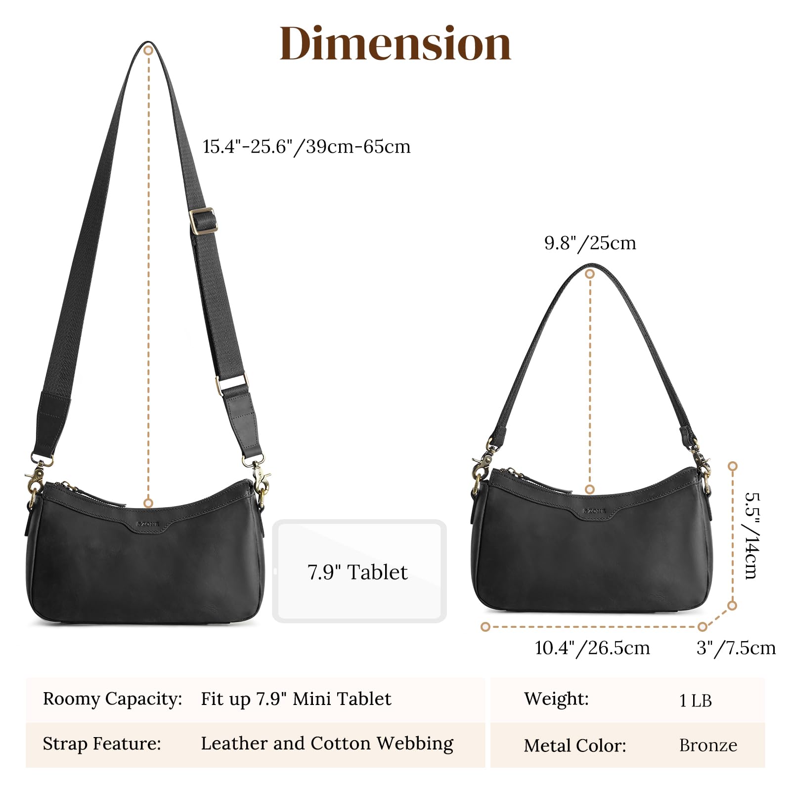 S-ZONE Leather Shoulder Bag for Women Small Crossbody Bags Hobo Purses with 2 Straps