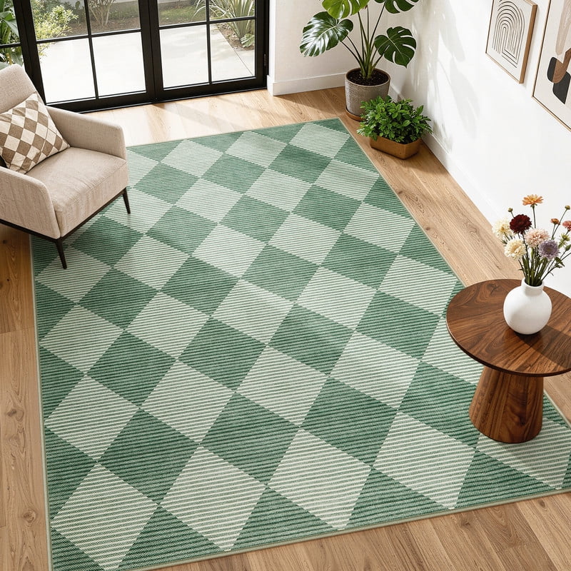SUNDEREY 5'x7' Easy Jute Area Rugs for Living Room, Non-Slip Washable Rugs for Bedroom, Modern Farmhouse Diamond Checkered Rug, Moroccan Neutral Soft Low Pile Carpet for Office Dining Room, Green
