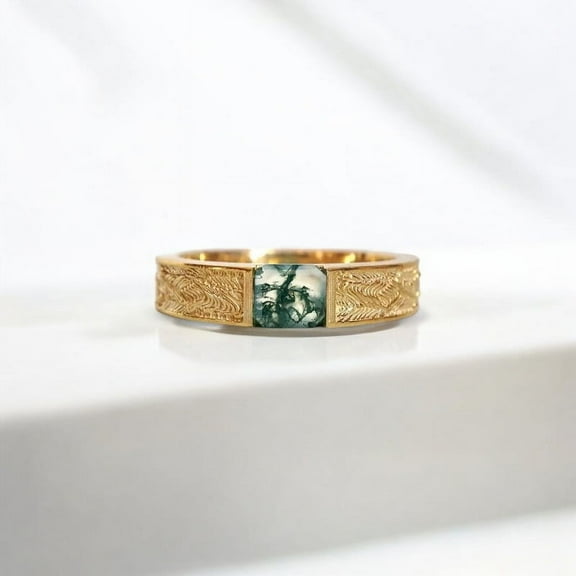 JEWELSBYASAILOR Baguette Moss Agate Ring / 5x7mm Natural Green Gemstone / Sterling Silver Bridal Ring / Thick Textured Band