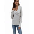 thumbnail image 4 of Women's Ruched V-Neck Wrap Sweater, Criss Cross Long Sleeve Knit Pullover Top with Button for Fall Gray XL, 4 of 5