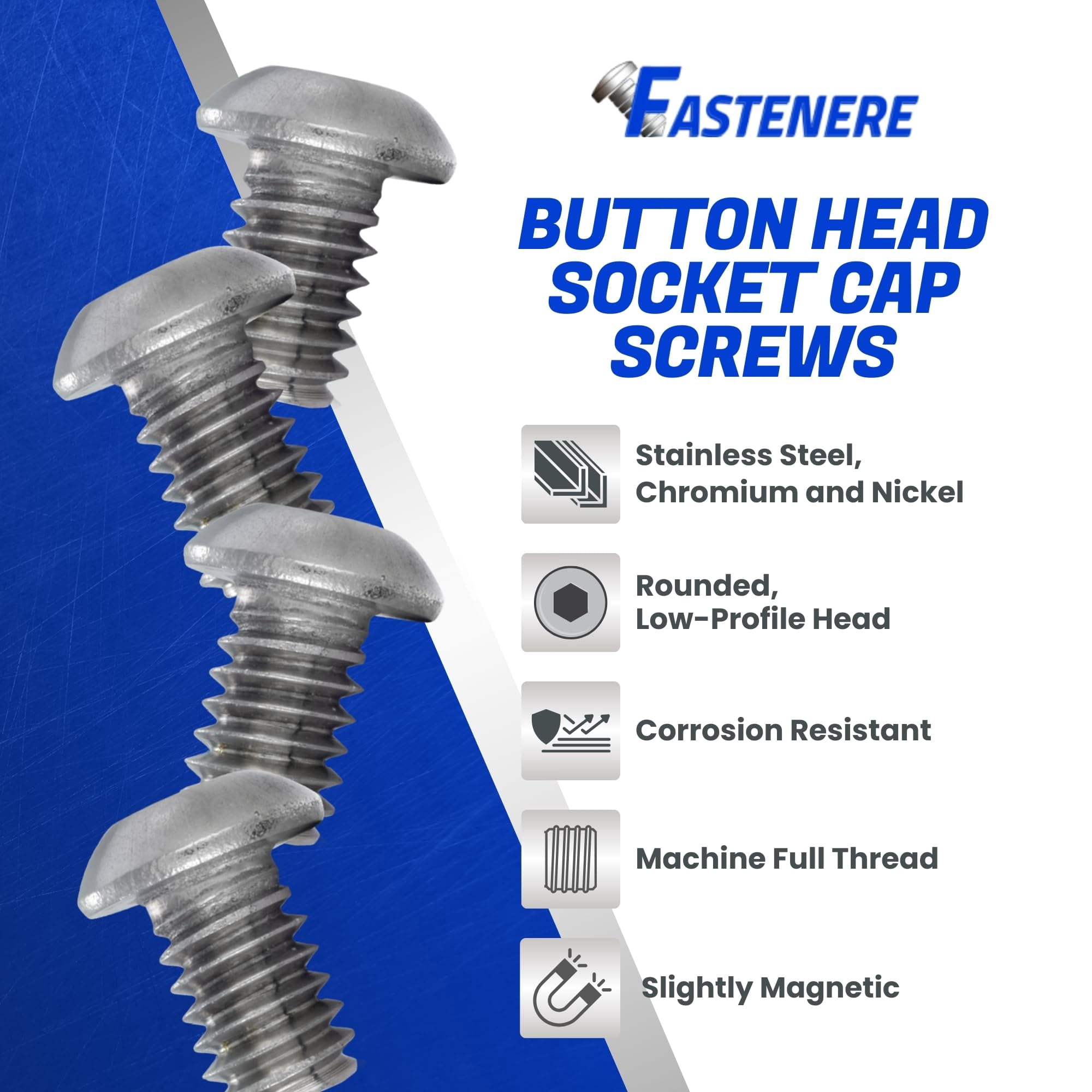 Fastenere Button Head Socket Cap Screws - 2-56 x 1/8" (100 Pack) Stainless Steel 18-8, Full Thread, Bright Plain Finish, Corrosion-Resistant, Machine Thread, Easy to Install w/ Allen Socket Drive