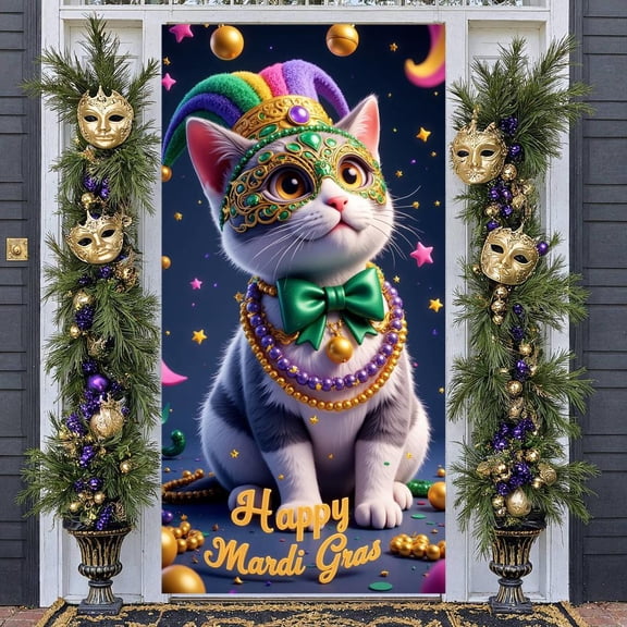 Colorful Mardi Gras Banner Themed Carnival Display Masked Beaded Necklace Festive Backdrop for Mardi Gras Party Carnival Celebration Festive Event