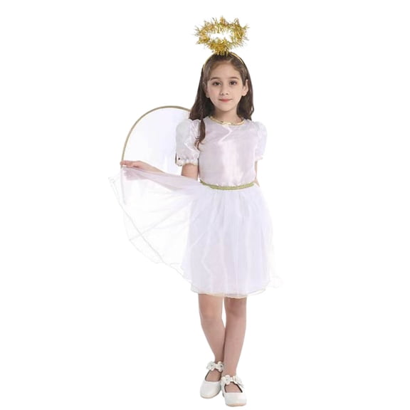 Byoo Big Girl Angel Dress Set Solid Short Sleeve Fairy Poodle Dress Hairband Wing Fancy Set Soft Daily Child Outfit Set