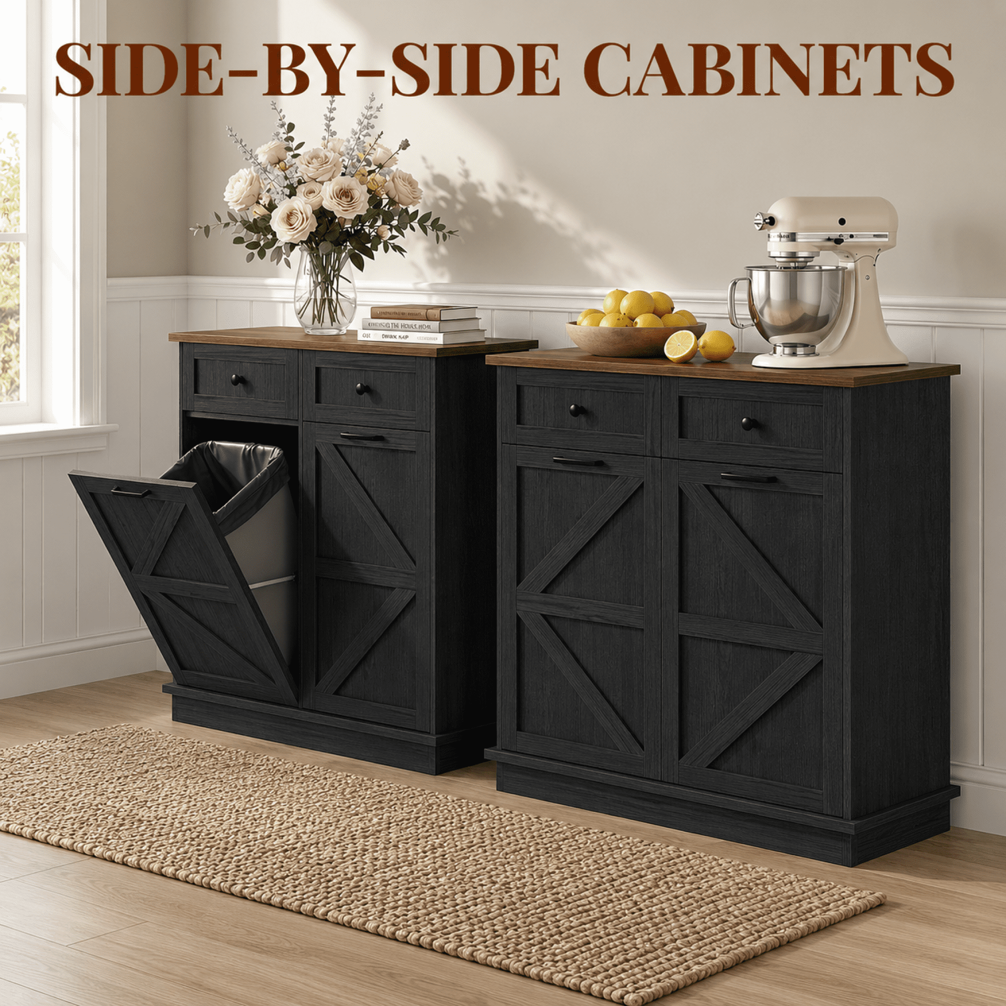 HOQBN Tilt Out Trash Can Cabinet, Farmhouse Wooden Double 10-Gallon Hidden Garbage Bin with Drawer, Dog Proof Storage Cabinet for Kitchen, Laundry and Living Room Black