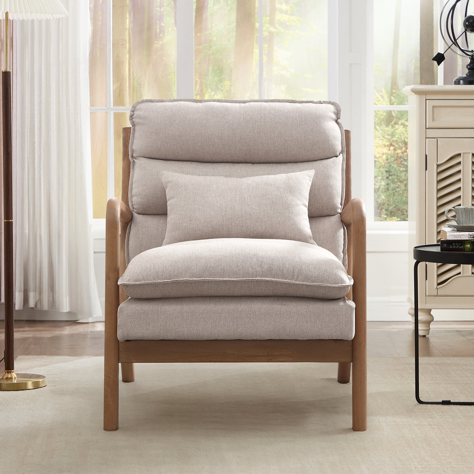 Ebello Mid Century Modern Accent Chair, Double-Padded Reading Armchair with Wood Frame & Lumbar Cushion for Living Room, Bedroom & Office, Beige
