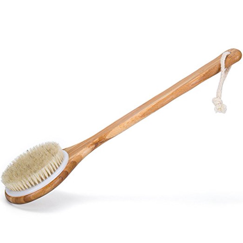 Best Dry Body Brush for Skin Brushing Natural Boar Bristles, Long Handle, Bamboo Spa Brush Dry