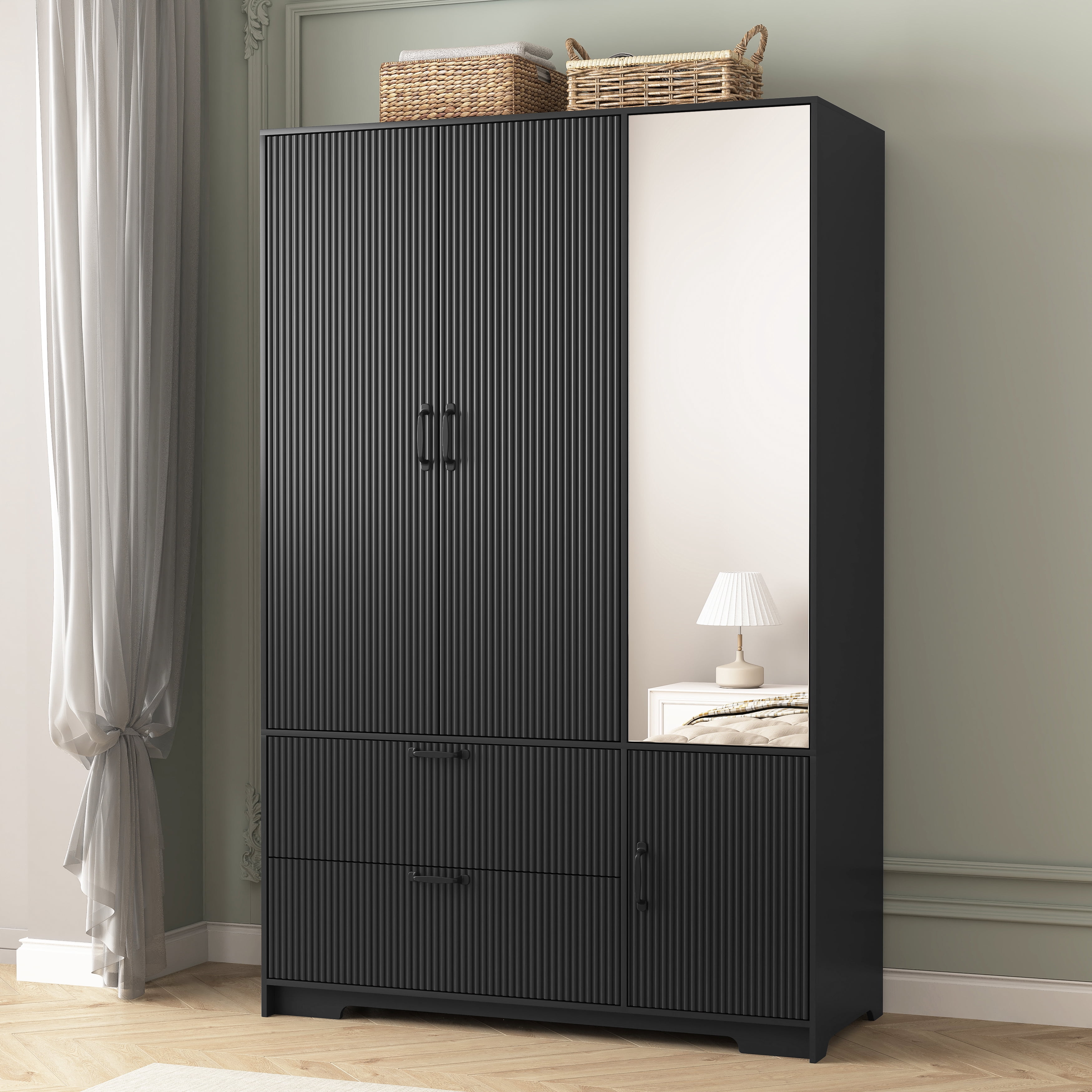 Mintazer Freestanding Wardrobe Armoire with Mirror & 4 Door, 71" Tall Clothing Storage Cabinet with Motion Sensor Light & 2 Large Drawers for Bedroom, Black