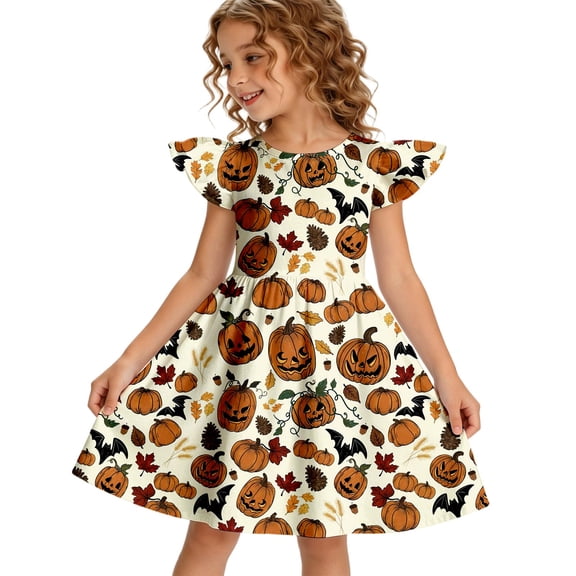 Grblisyd Halloween Girls Dresses Size 10-12 Summer Cute Pumpkin Ghost Print A Line Dress Flutter Sleeveless Crew Neck Girl Fashion Casual Dresses