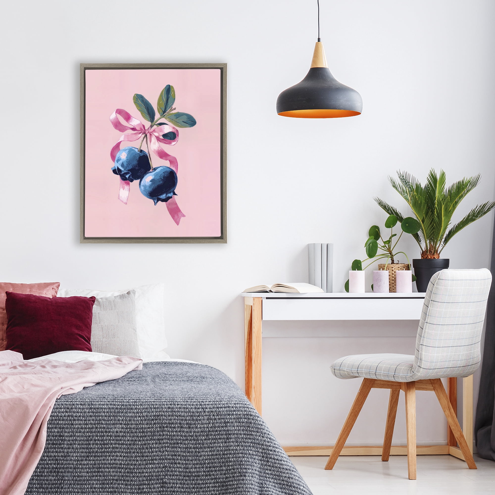 Stupell Industries Blueberry Branch with Pink Bow Brown Framed Floater Canvas Wall Art, design by Imagine It Images