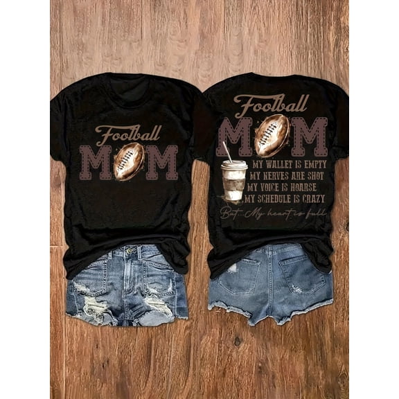 Retro Football Mom Graphic T-Shirt Funny Gameday Sports Fan Short Sleeve Top for Women Casual Heartfelt Quote Apparel