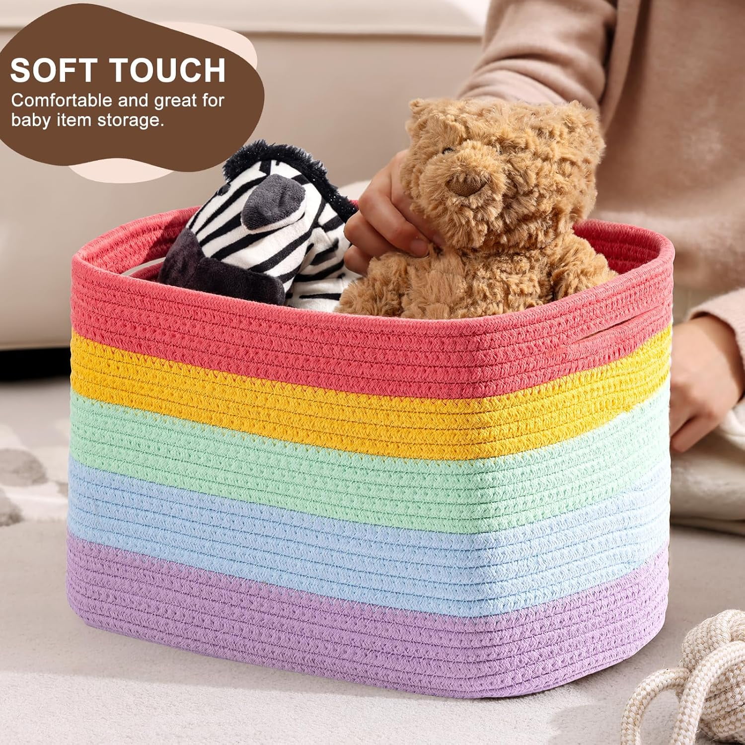 Rope Basket for Storage - 12”x10”x9” Storage Bins, Decorative Basket for Blankets, Woven Basket with Handles, Storage Baskets for Shelves, Home, Laundry (4 Pack, Rainbow)