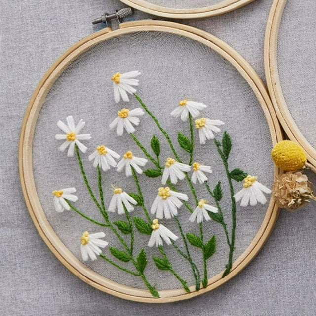 DIY Chinese Style Embroidery Starter Kit with Pattern Cross Stitch Kit Including Clear Organza Stamped Embroidery Fabric with Pattern Embroidery Frame Color Threads Needle(White Flowers