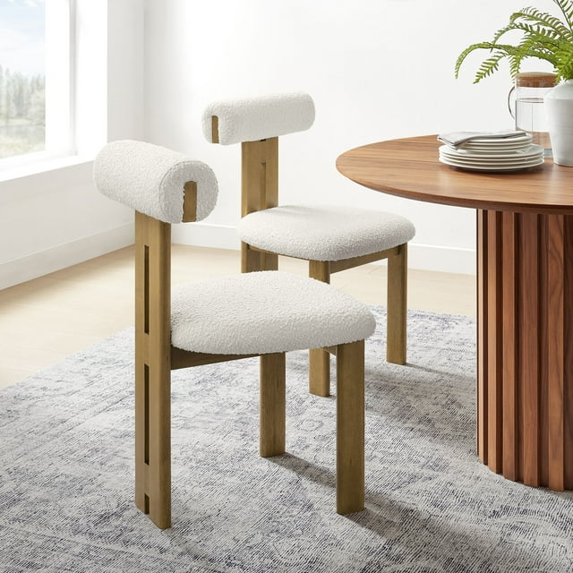 Modway Torian Boucle Fabric Dining Chair, Set of 2 in French Oak Ivory