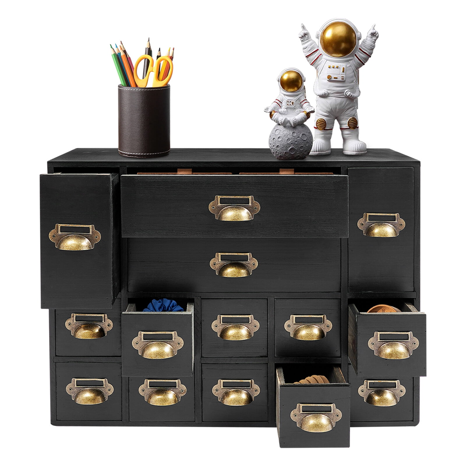 Black Vintage Storage Cabinet Wooden Organizer w/ 14 Drawers FreeStanding For Various Small Crafts, A Kitchen Organizer