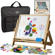 Double-Sided Tabletop Art Easel 80pc Activity Set for Kids - Travel Storage Case Included - Childrens Magnetic Whiteboard  Chalkboard w Dry Erase Markers Alphabet Phonic Letters and Shapes